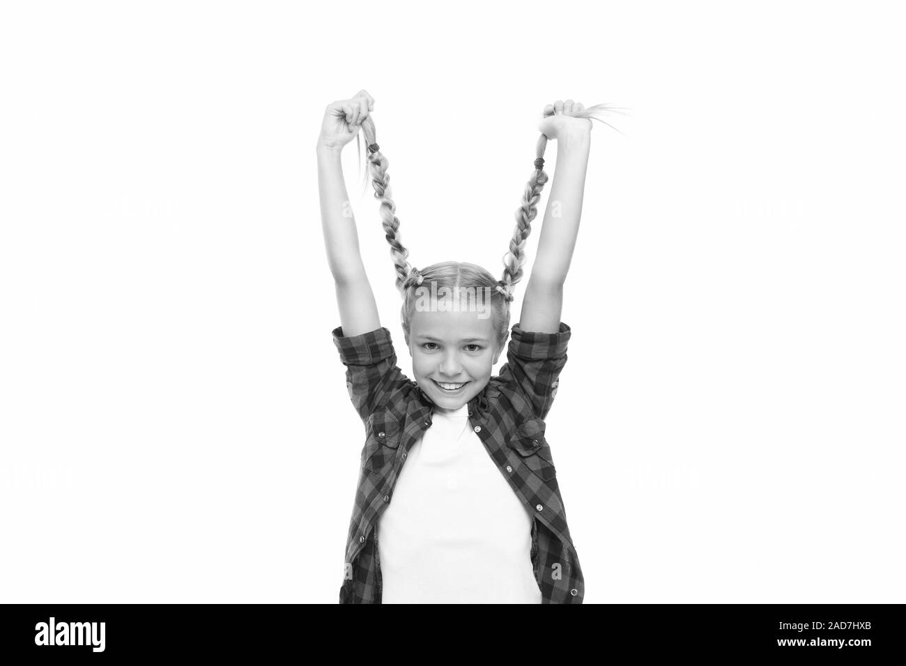 Long And Plaited Happy Small Girl Hold Long Blond Braids