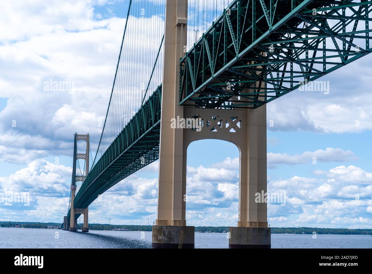 View of the Mackinac Bridge from a boat on Lake Huron; St. Ignace, Michigan, USA. Stock Photo