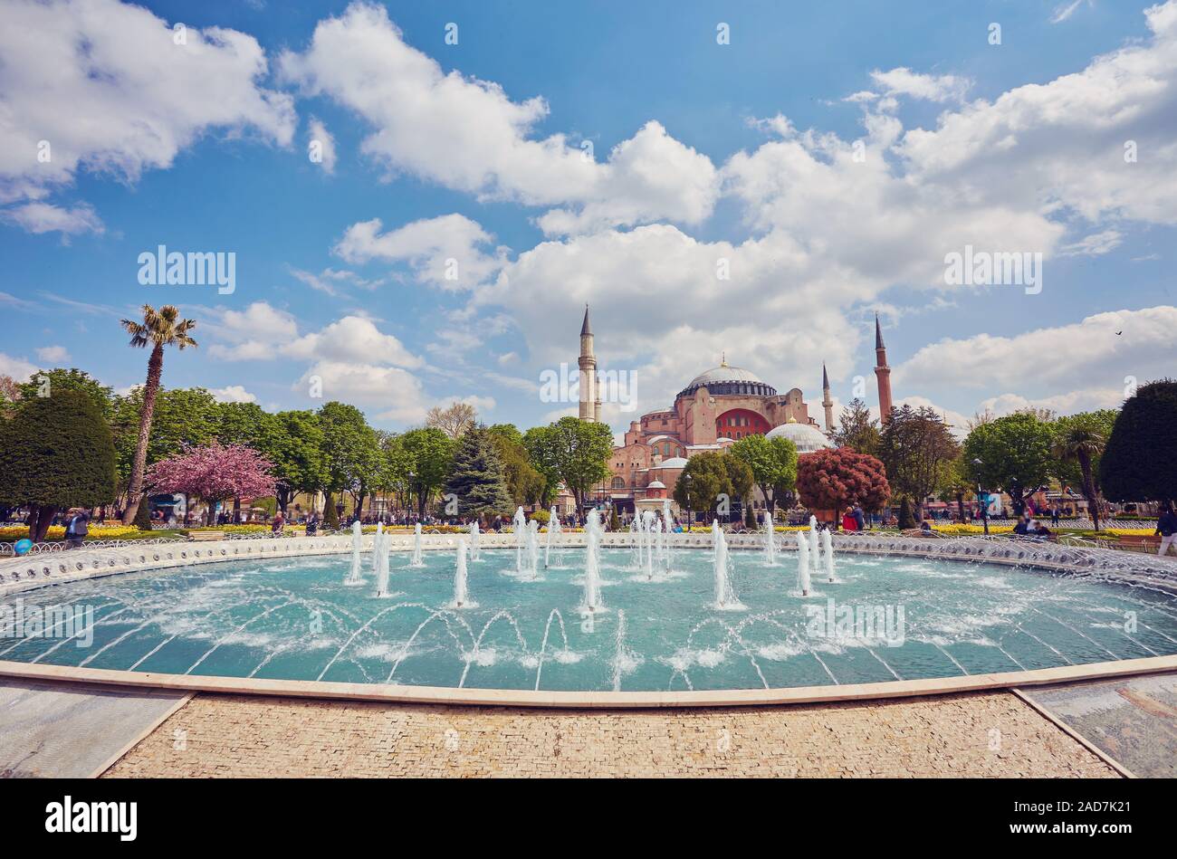 Hagia Sophia and fountain in Istanbul, Turkey in a beautiful summer day ...