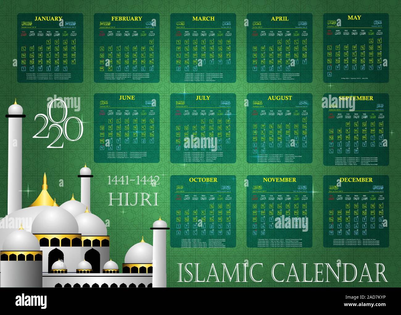 islamic calendar 2020, 1441-1442 hijri calendar Stock Vector Image
