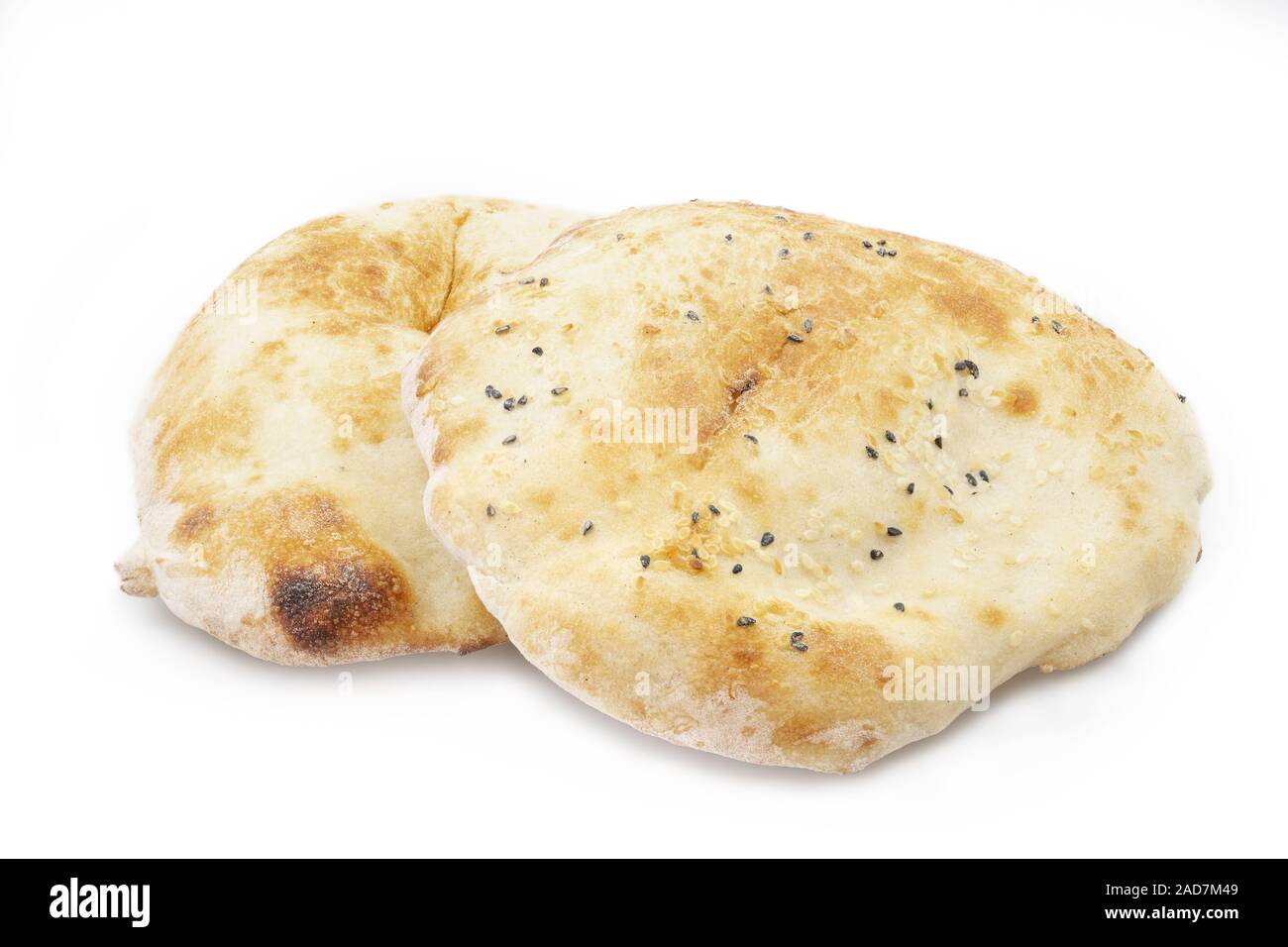 Two flat breads (pita bread) on a white background Stock Photo