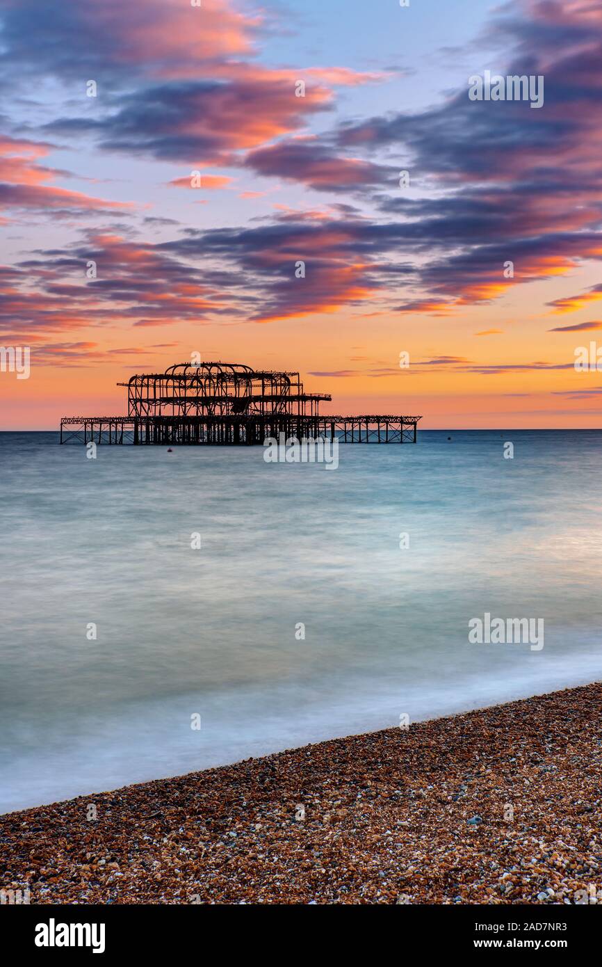 The ruin of the Brighton West Pier seen at sunset Stock Photo