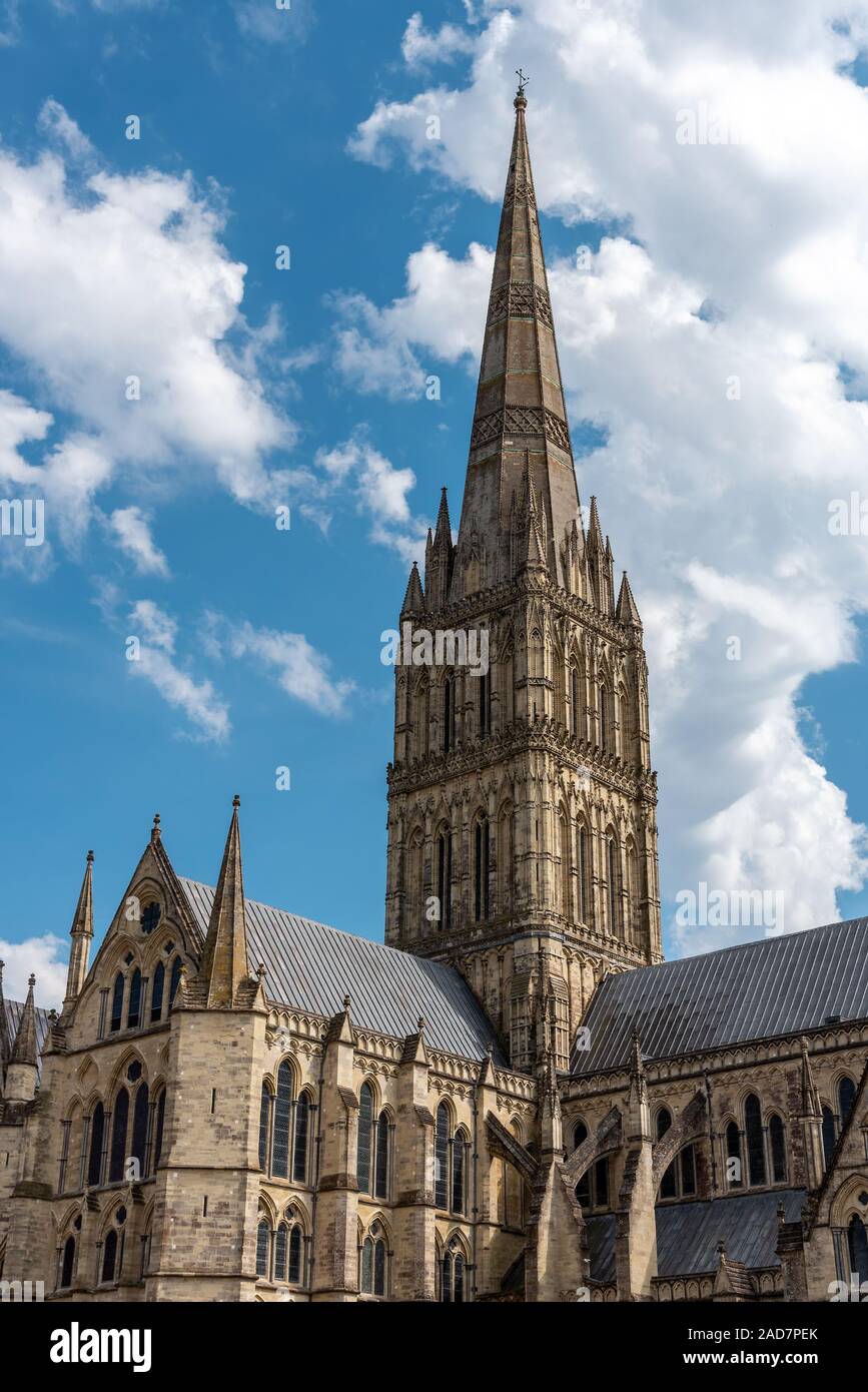 The spire of the cathedral in Salisbury, the tallest in England Stock Photo