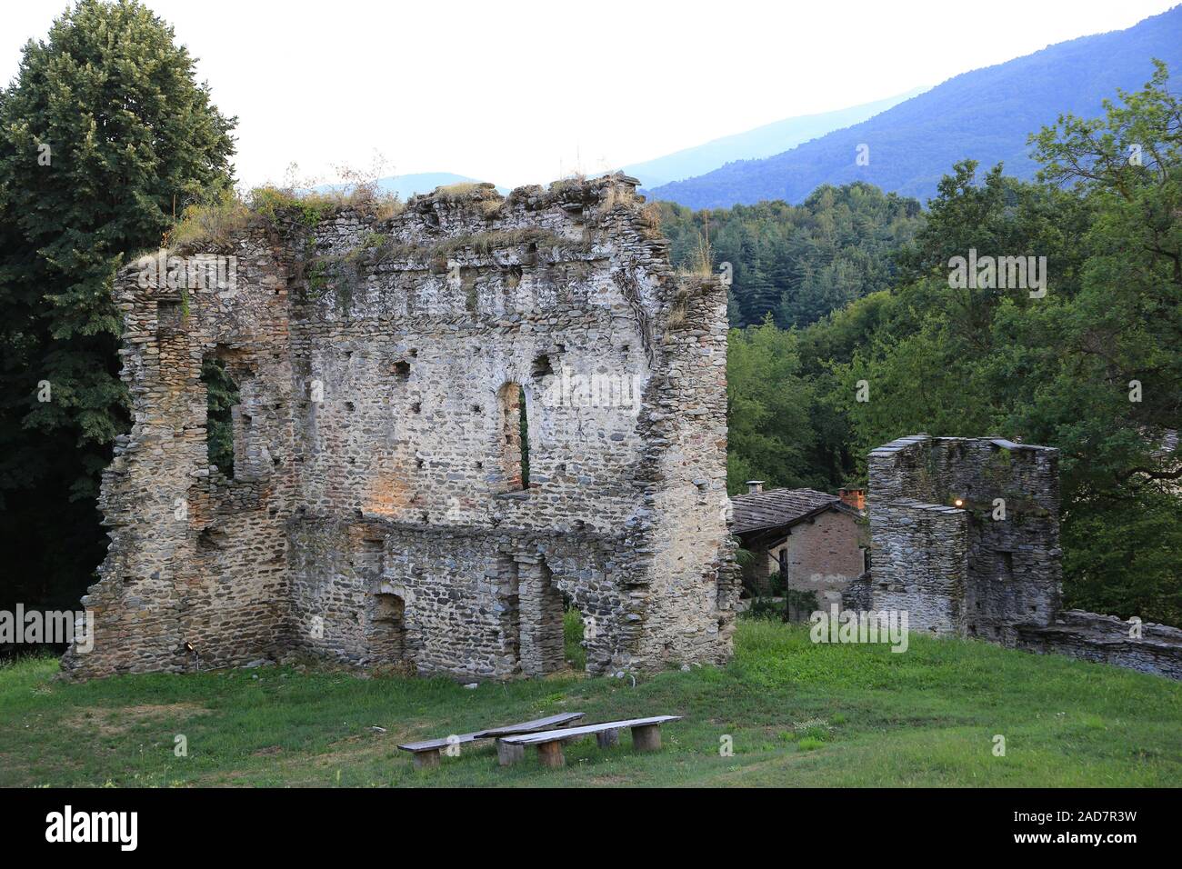 Remains of ancient walls at Castello di Bagnolo Castle, Italy, Piedmont. Stock Photo