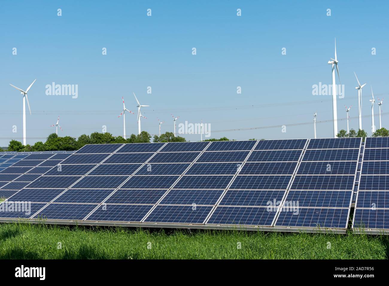 Solar panels and wind power plants seen in Germany Stock Photo