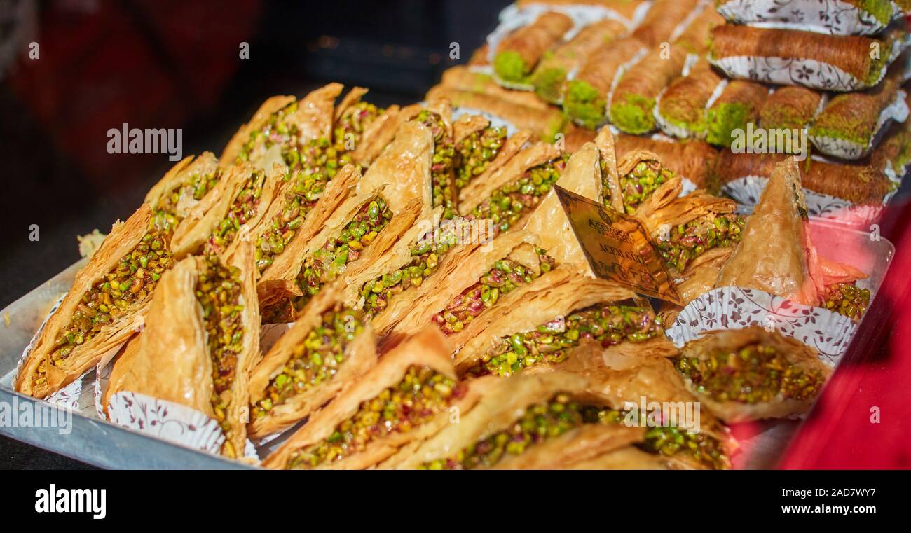 Turkish traditional sweets, rahat lukum in counter in the Grand Bazar market, Istanbul Stock Photo