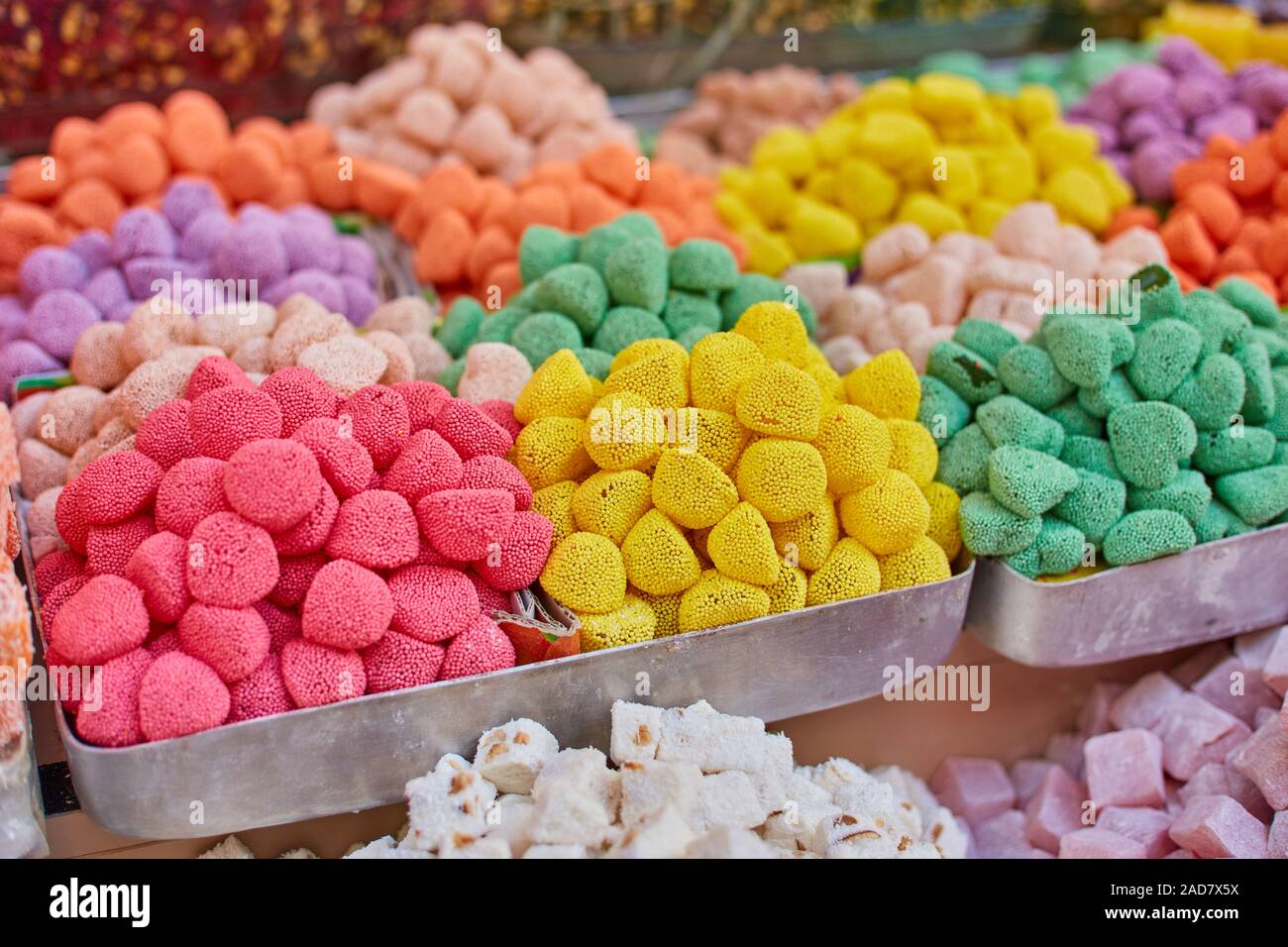 Turkish traditional sweets, rahat lukum in counter in the Grand Bazar market, Istanbul Stock Photo