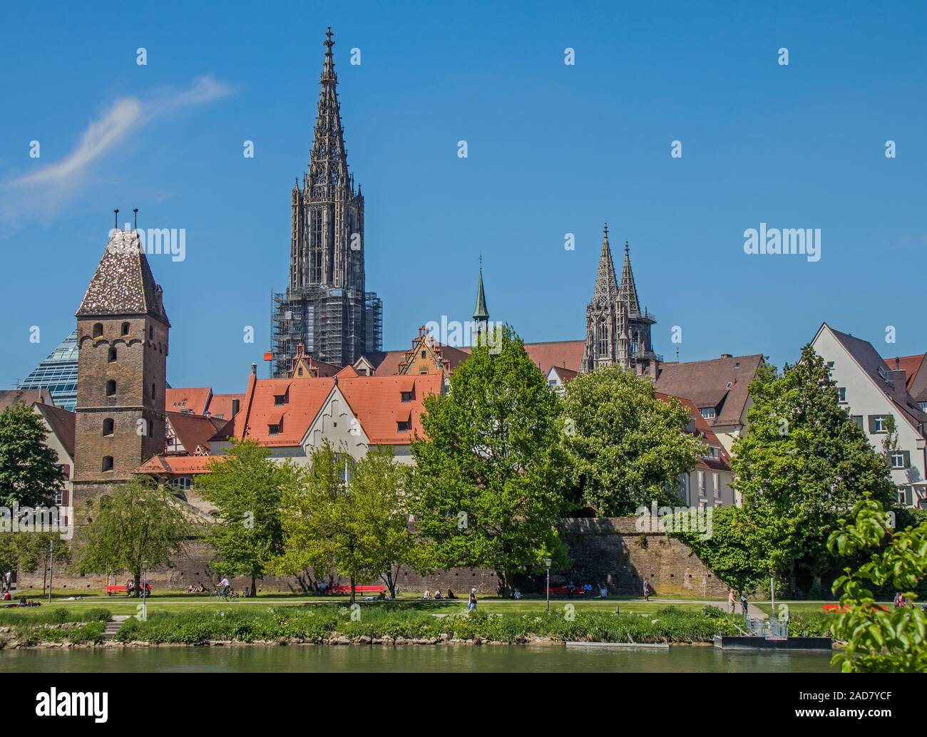 Ulm at the Danube with City wall, Minster and Metzgerturm Stock Photo