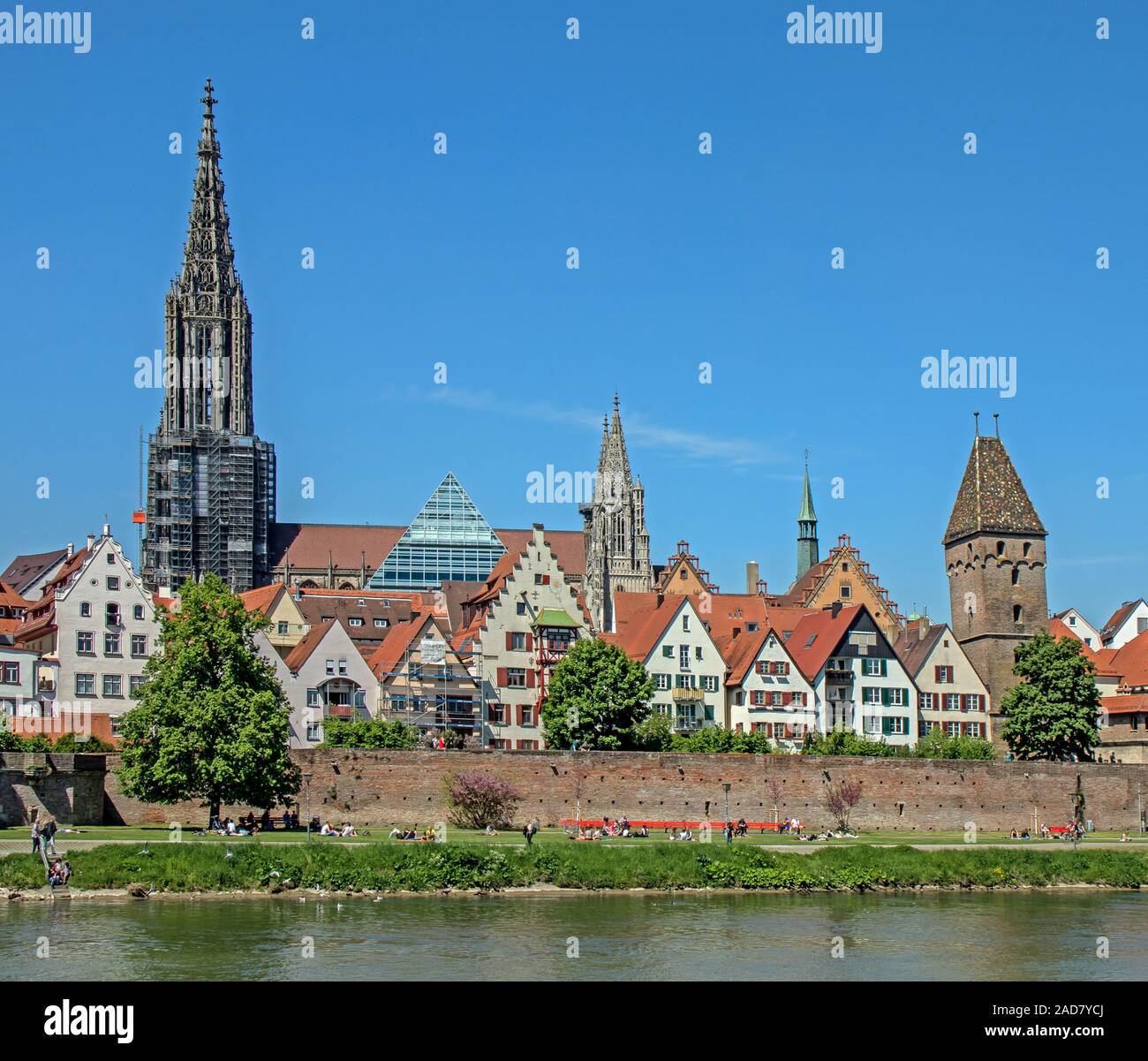 Ulm at the Danube with City wall, Minster and Metzgerturm Stock Photo