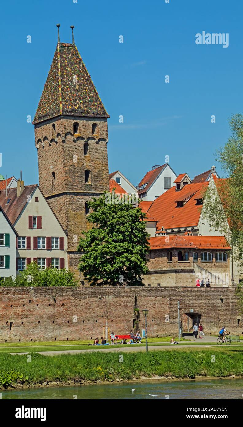 Ulm at the Danube with City wall, Minster and Metzgerturm Stock Photo