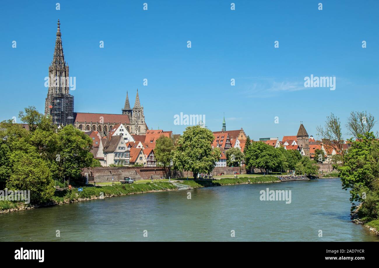 Ulm at the Danube with City wall, Minster and Metzgerturm Stock Photo