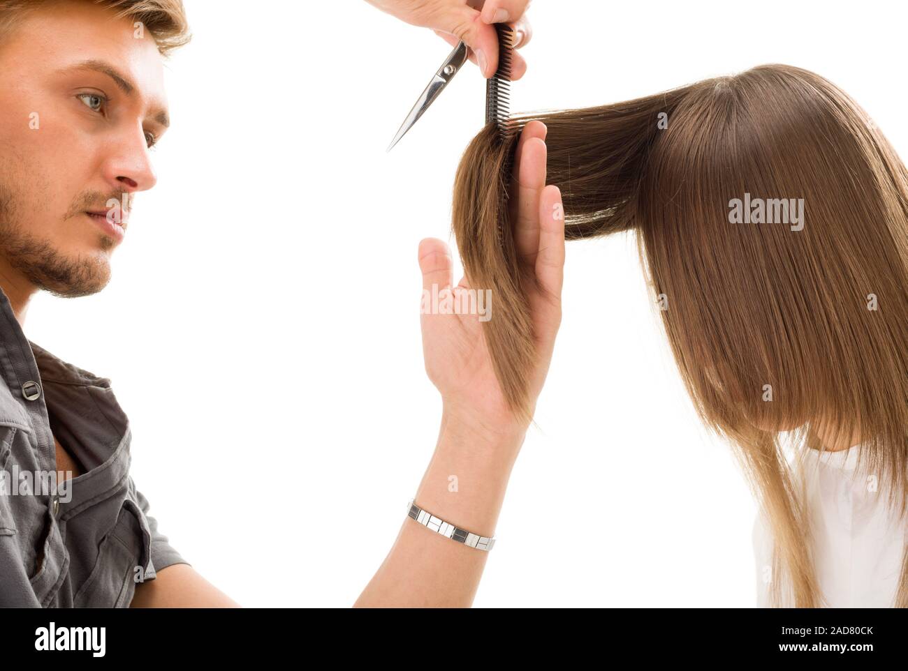 Professional Hairdresser With Long Hair Model Isolated On White
