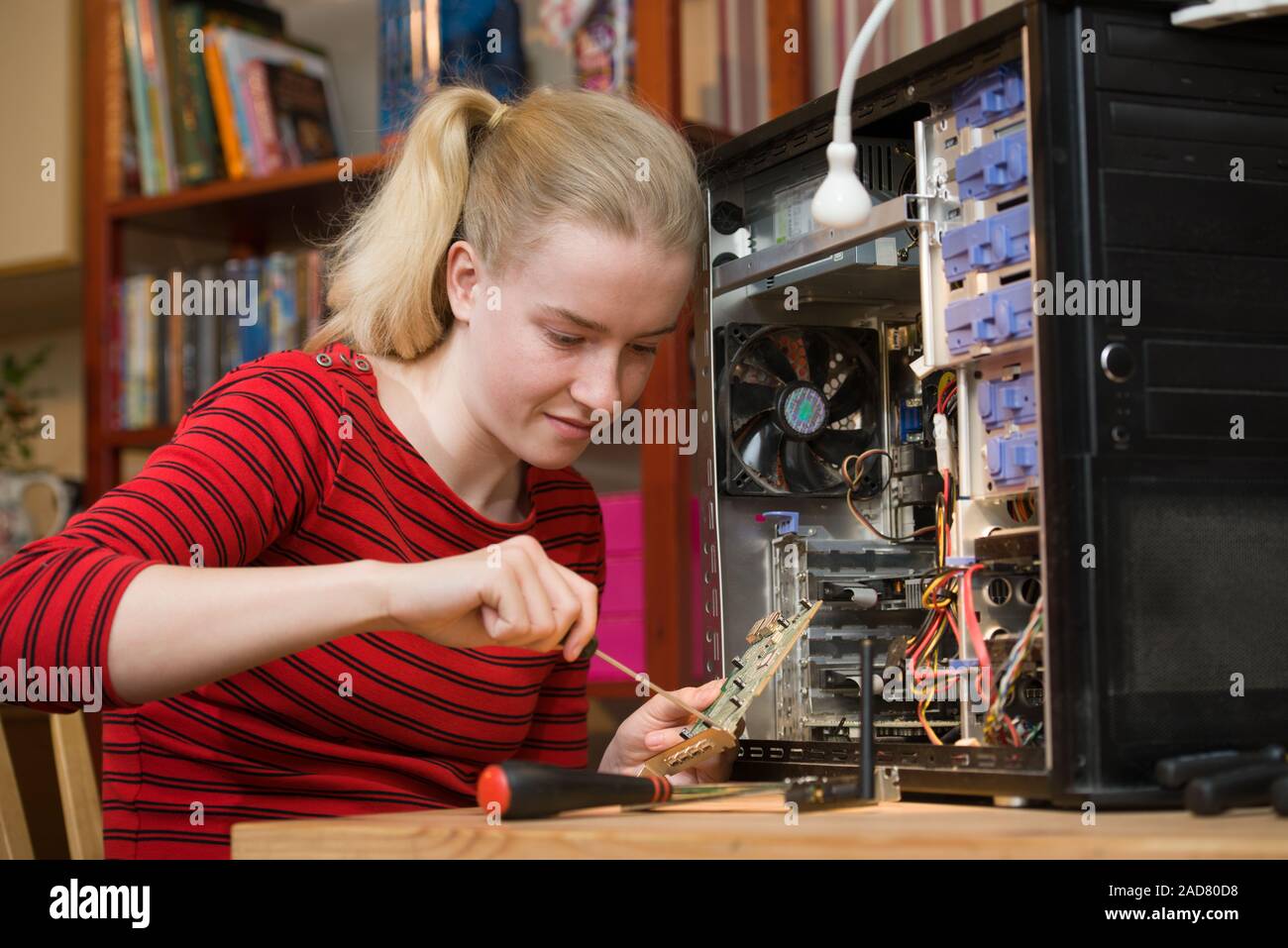 Happy teenage girl using a screwdriver on an expansion card printed circuit board from an open PC while making repairs to the computer. Stock Photo