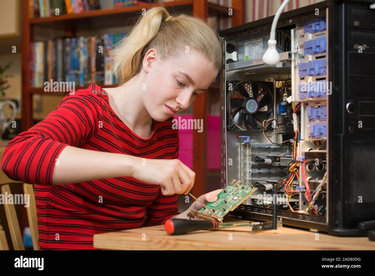 Teenage girl using a screwdriver on an expansion card printed circuit board from an open PC while making repairs to the computer. Stock Photo
