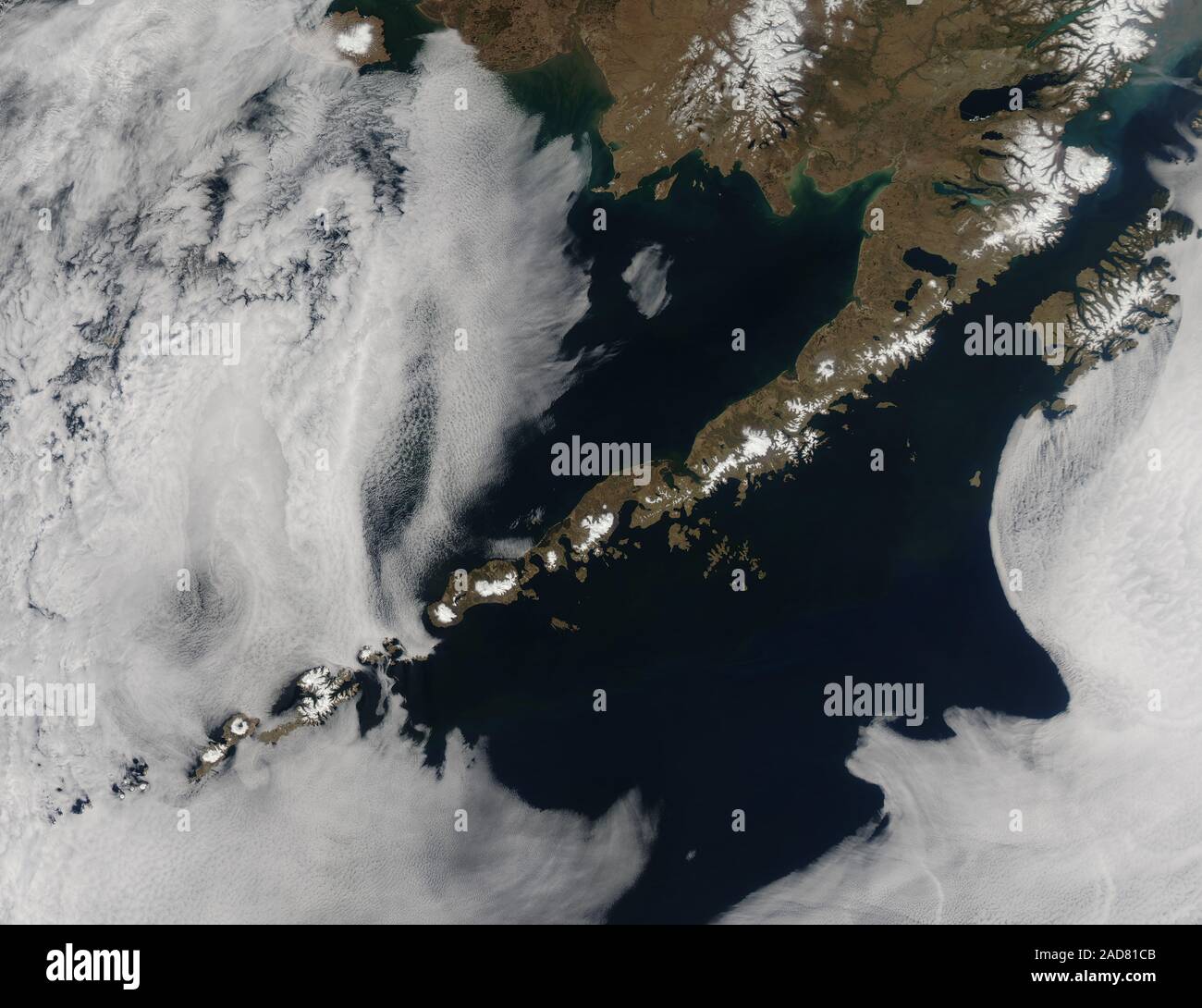 Satellite view of Aleutian islands, May 15, 2014, southwestern Alaska, USA by NASA/Jeff Schmaltz/DPA Stock Photo