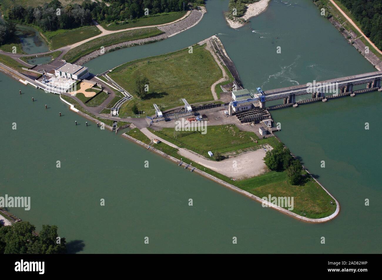 Start of the Rhine canal at the dam Märkt in Village-Neuf, France Stock Photo