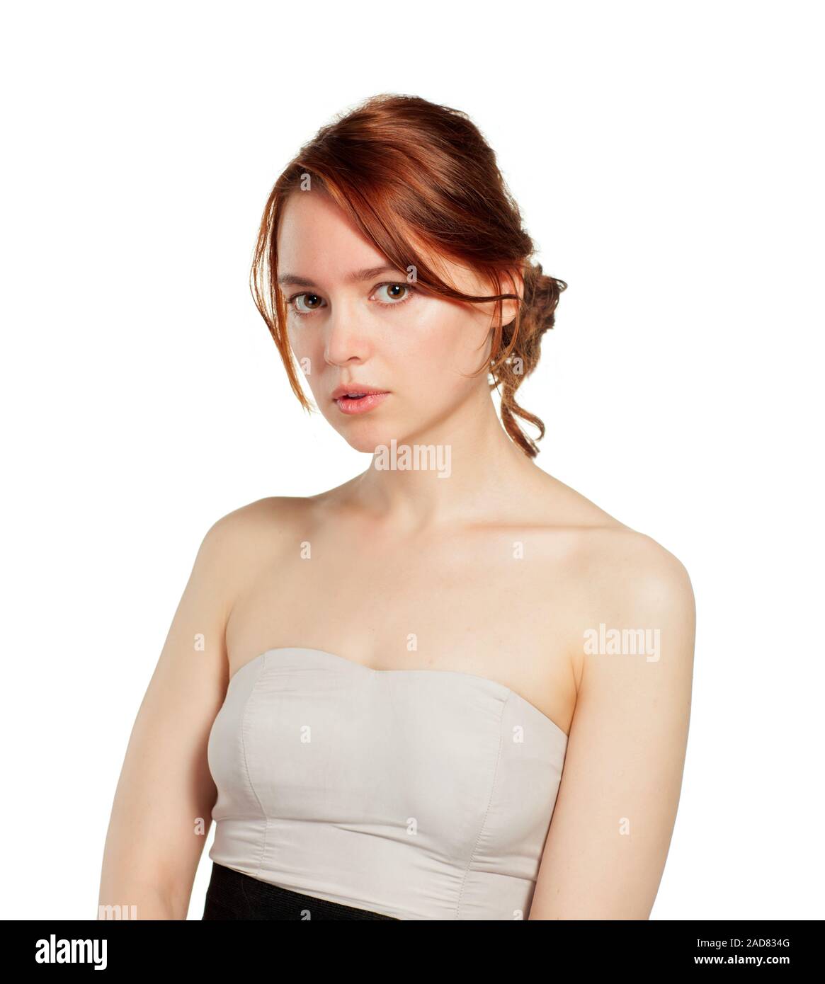 Casual portrait of beautiful woman isolated on white background in ...