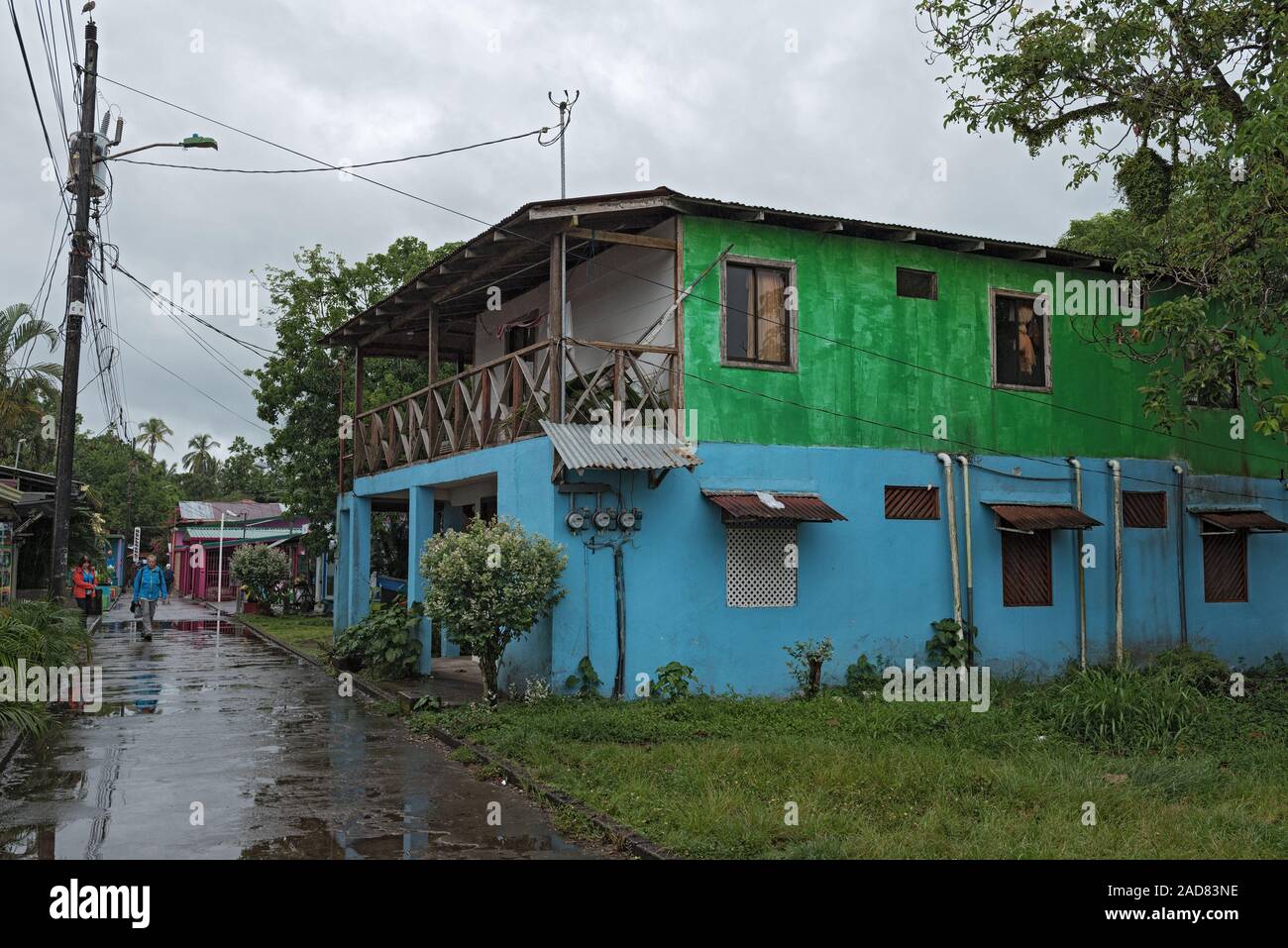 Road in tortuguero village at rainy weather, Costa Rica Stock Photo