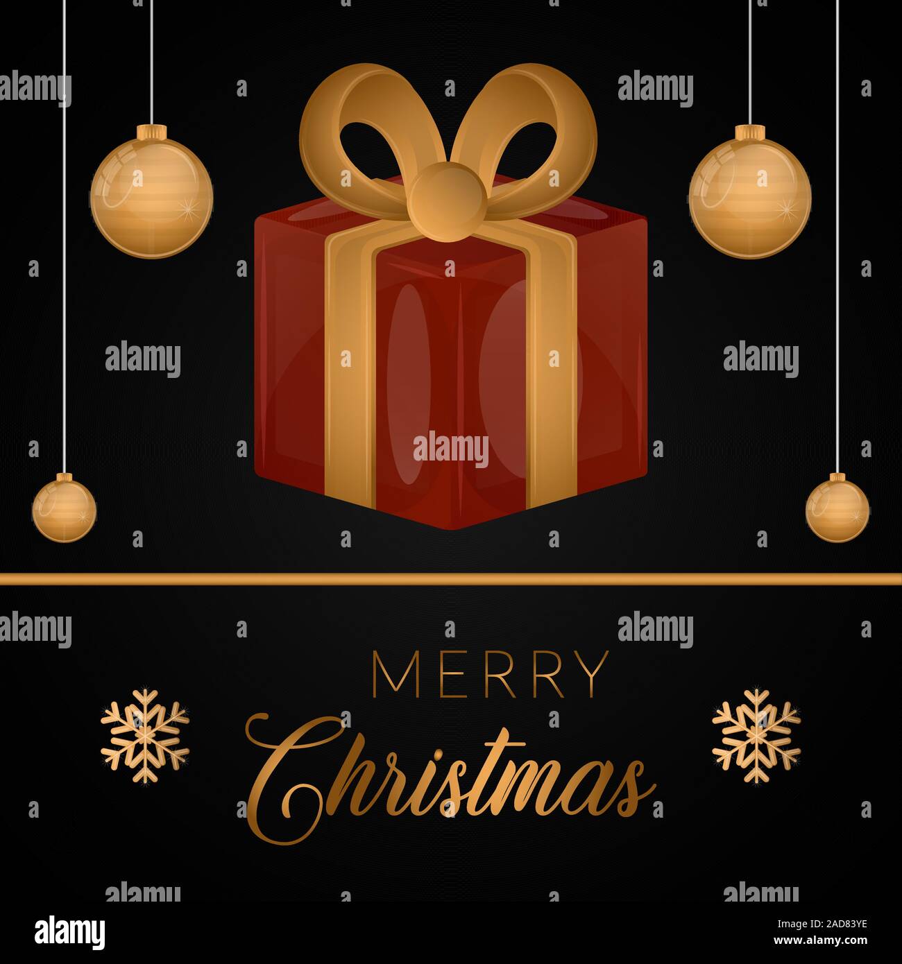 Merry christmas card with a gift box and christmas balls - vector ...