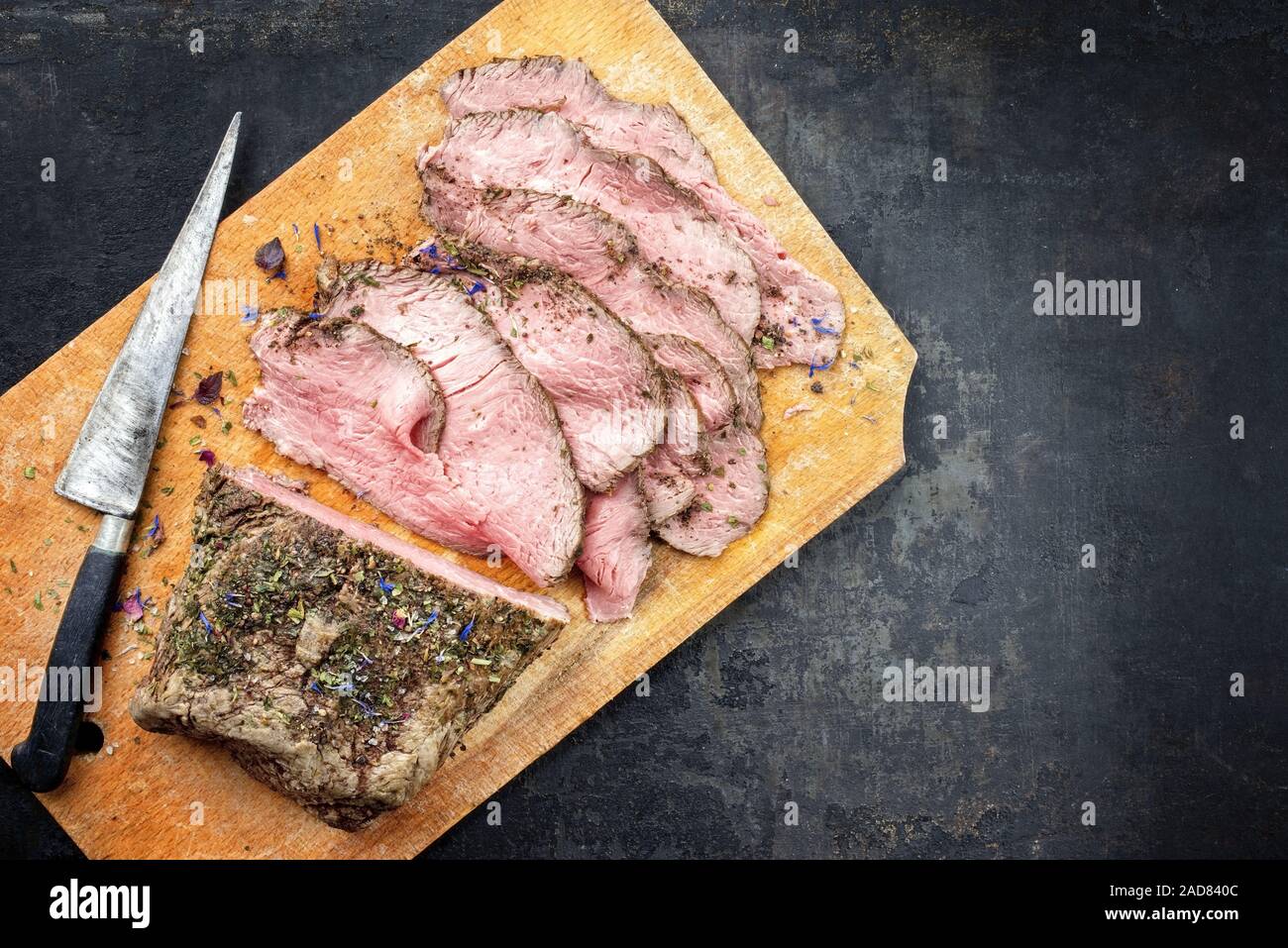 Traditional Lunch Meat With Sliced Cold Cuts Roast Beef As Top View On A Cutting Board With Copy