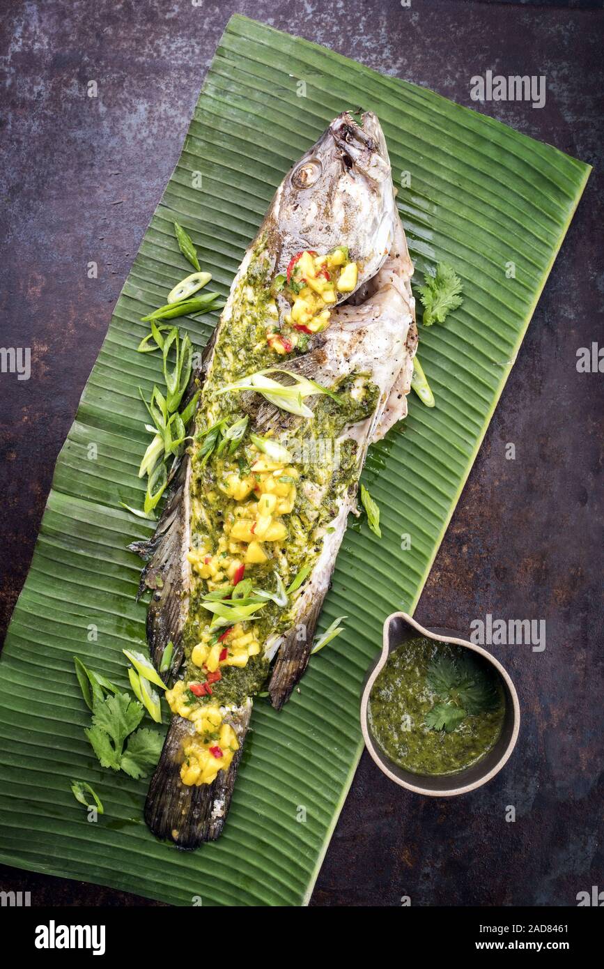 Barbecue white grouper with chimichurri sauce aji criollo and mango chutney as top view in a green banana leaf Stock Photo