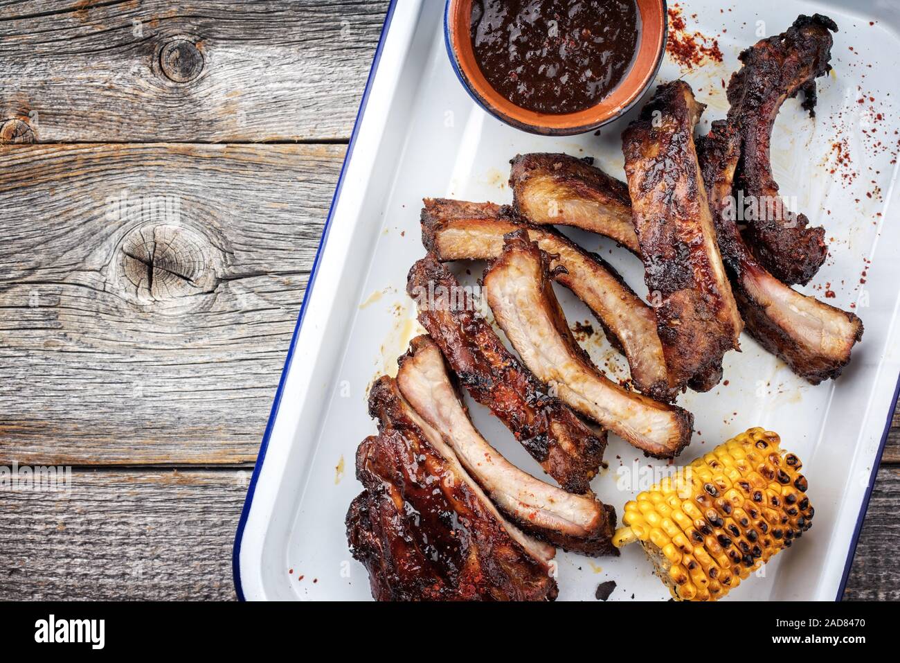 Barbecue spare ribs St Louis cut with hot honey chili marinade as top