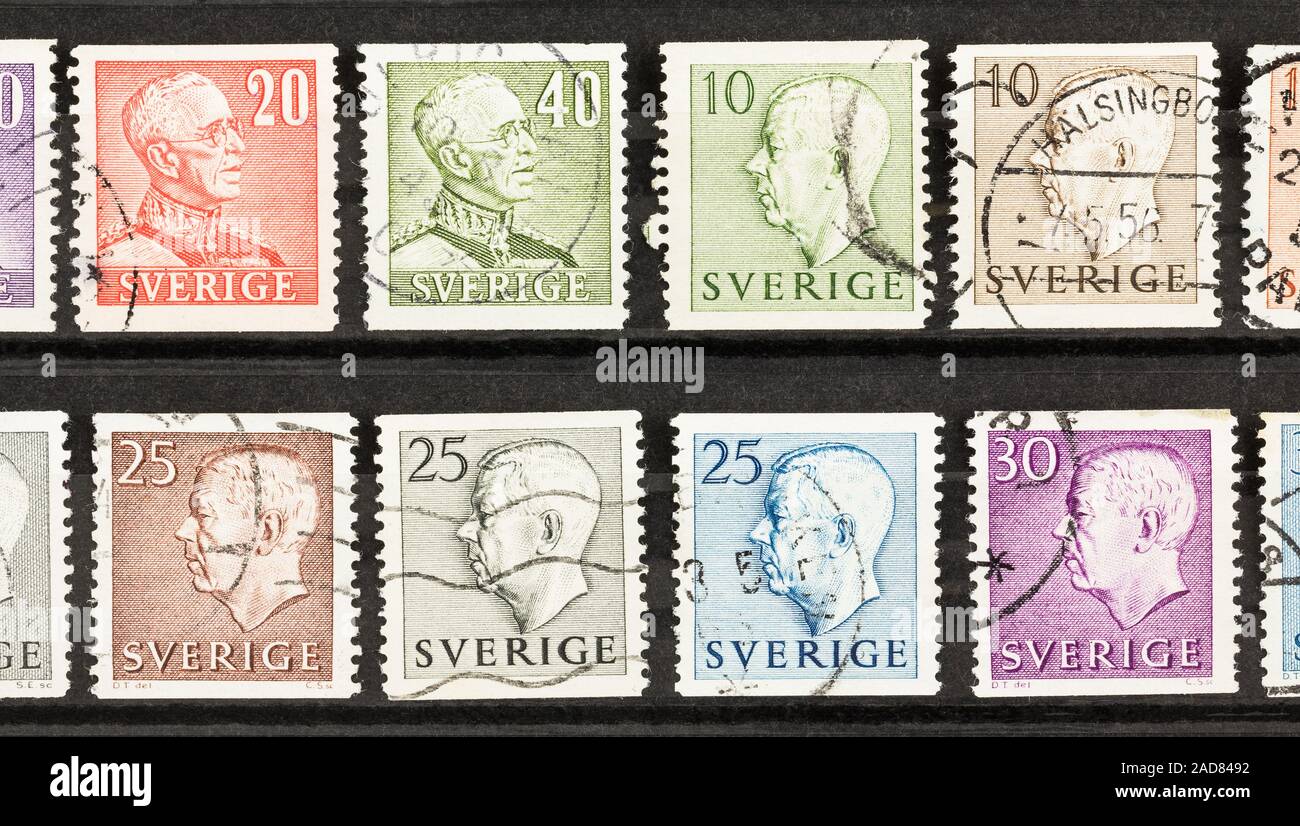 SEATTLE WASHINGTON - November 28, 2019: Rows of King Gustav V and VI on Norwegian Postage Stamps. Stock Photo