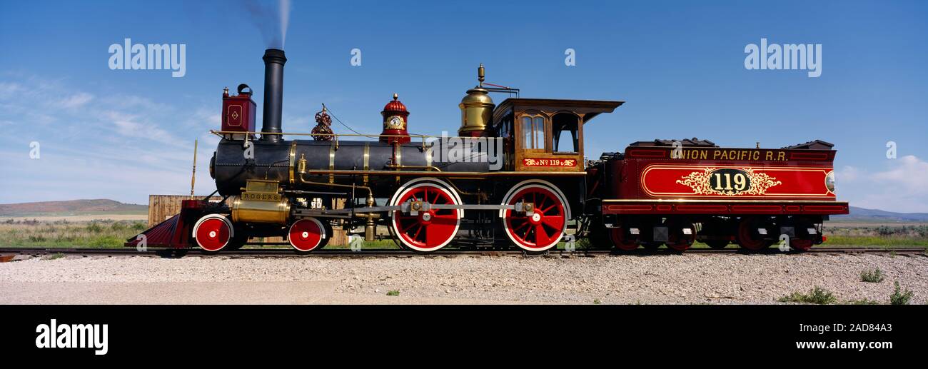 Train engine on a railroad track, Locomotive 119, Golden Spike National Historic Site, Utah, USA Stock Photo