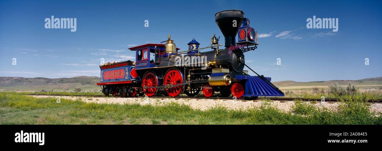 Train engine on a railroad track, Jupiter, Golden Spike National Historic Site, Utah, USA Stock Photo