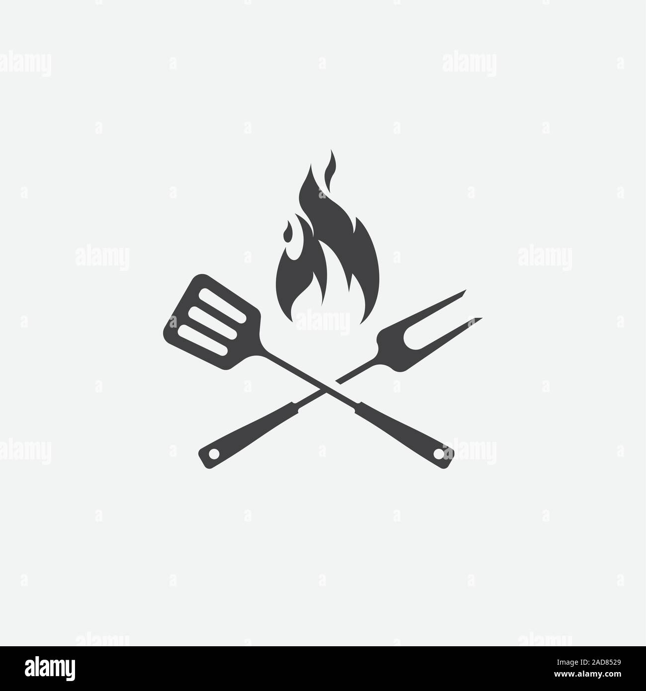 BBQ with flame icon, Grill sign meat and food icon, fork and spatula Barbeque icon symbol, Barbeque Icon Vector Illustration Sign Stock Vector