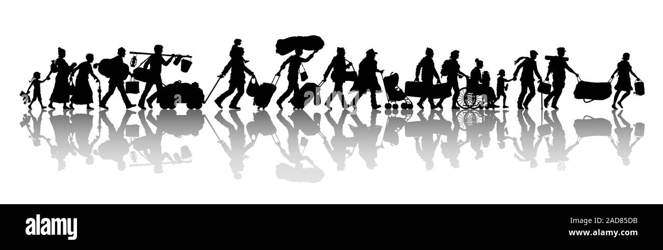 Asylum seekers silhouette. The silhouette objects, shadows and background are in different layers. Stock Vector