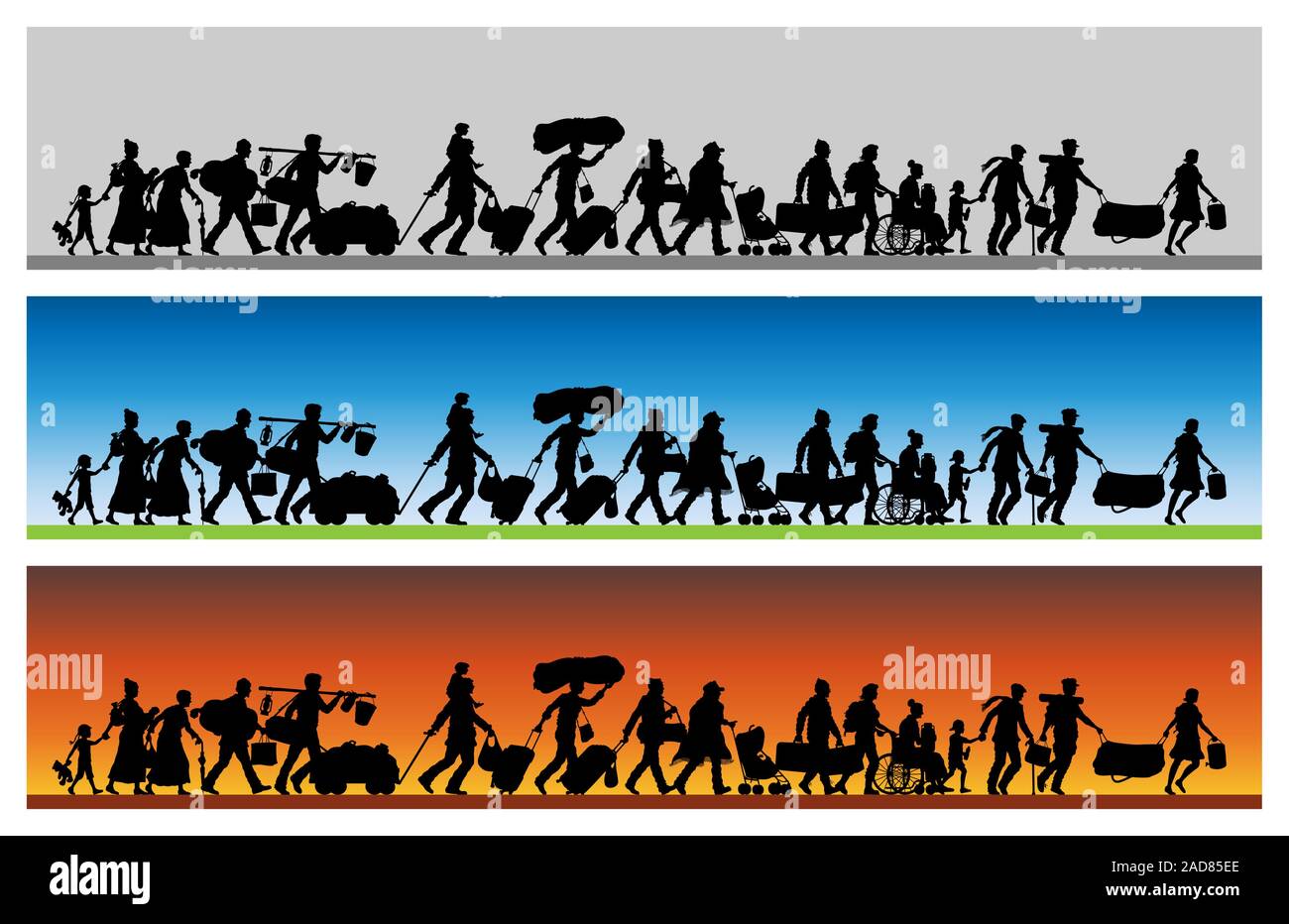 Asylum seekers silhouette with different backgrounds. The silhouette objects and backgrounds are in different layers. Stock Vector