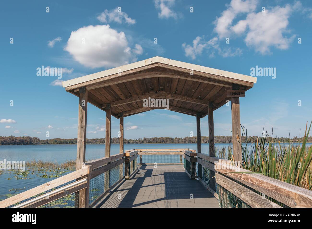 Fishing dock at the campground of Lake Louisa State Park near Orlando, Florida. Stock Photo