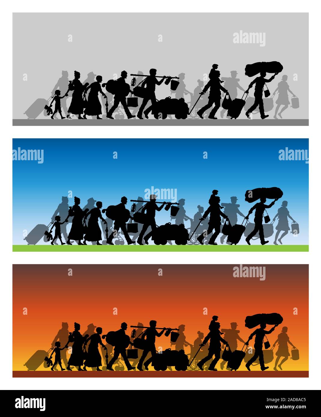 Walking refugees silhouette with different backgrounds. The silhouette objects and backgrounds are in different layers. Stock Vector