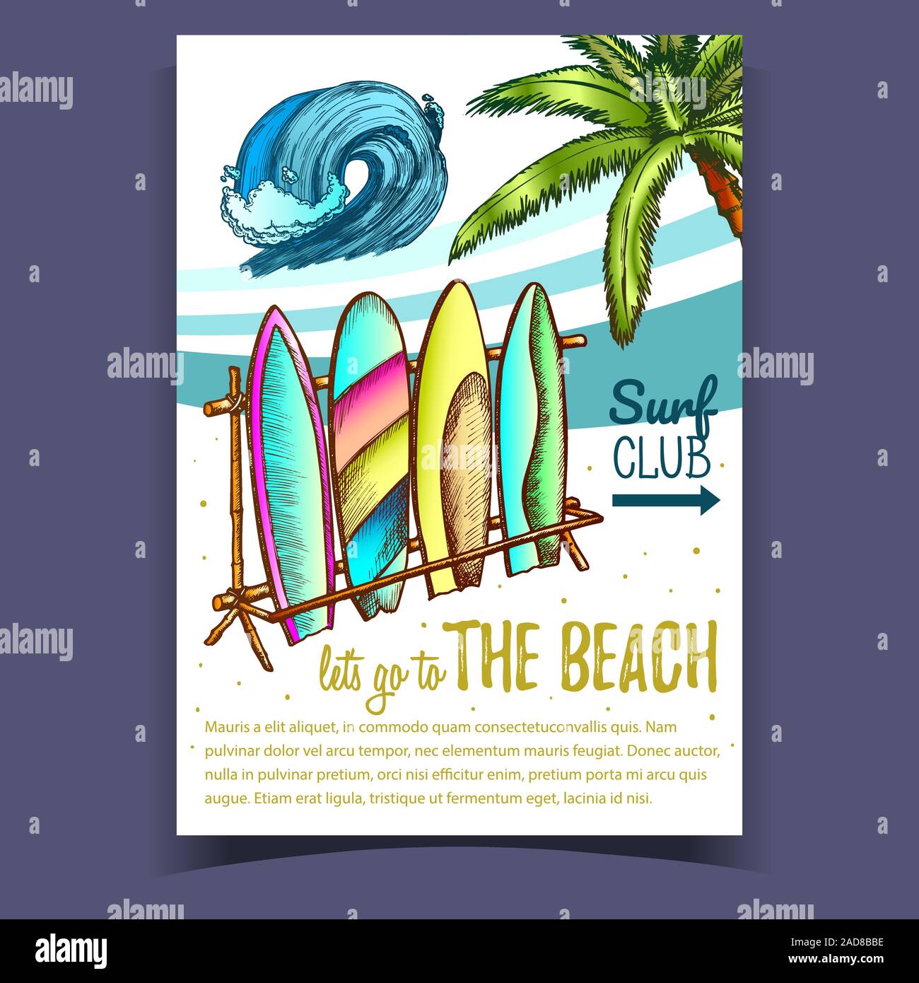 Surfboards, Sea Wave And Palm on Poster Vector Stock Vector Image & Art ...