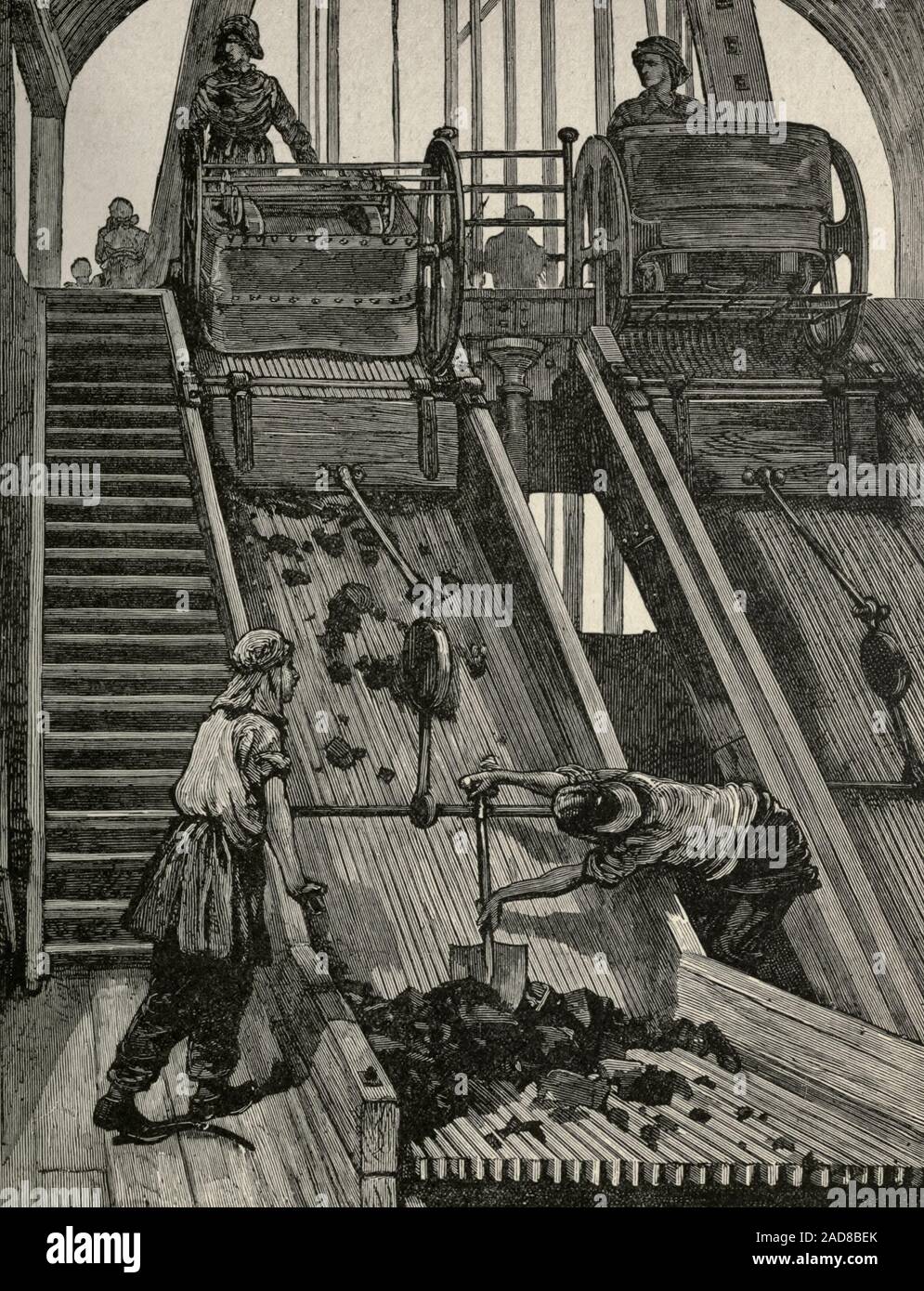 Women screening coal at the pits mouth, circa 1885 Stock Photo