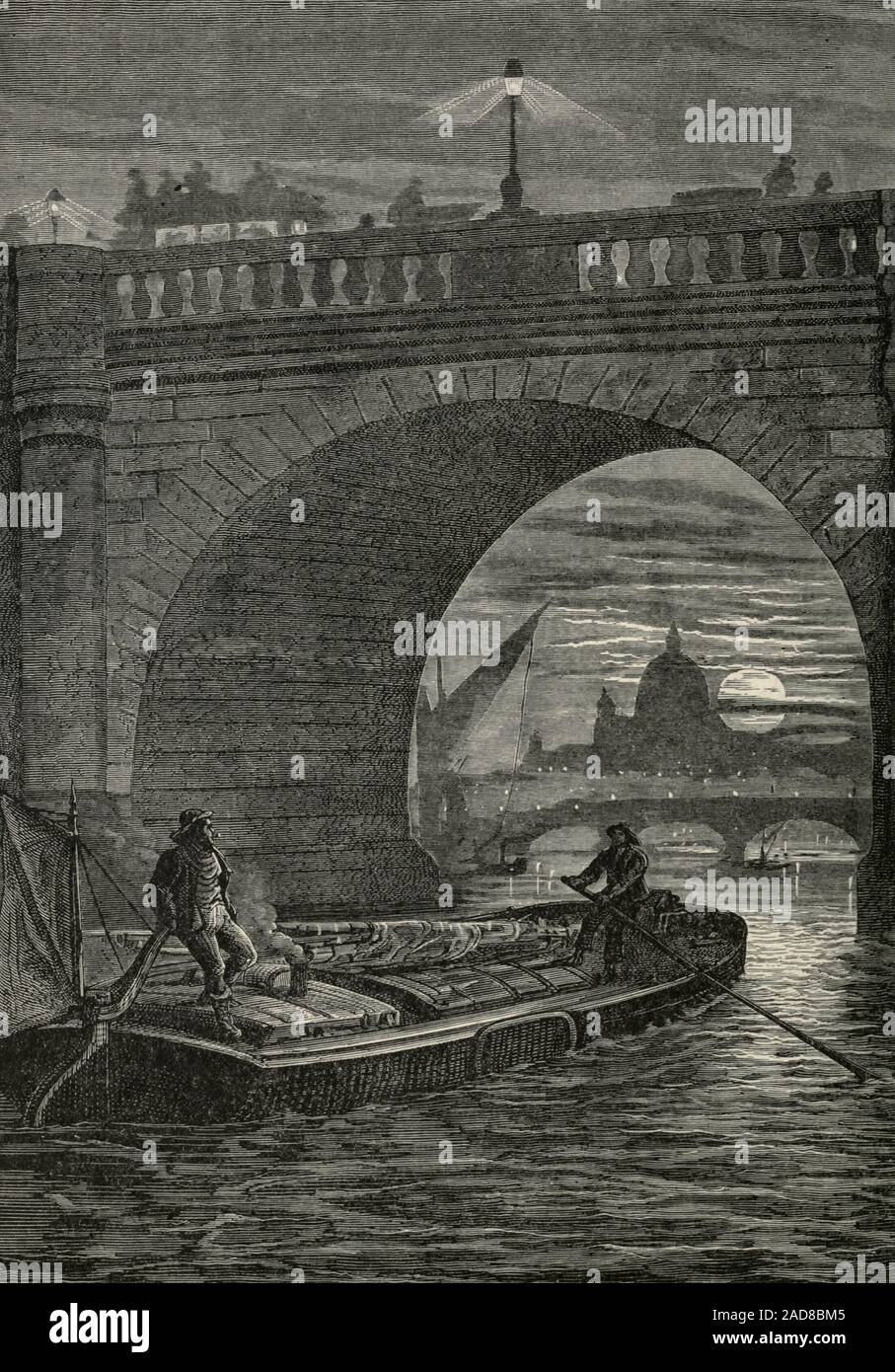 Waterloo Bridge by Night, London, England, circa 1885 Stock Photo