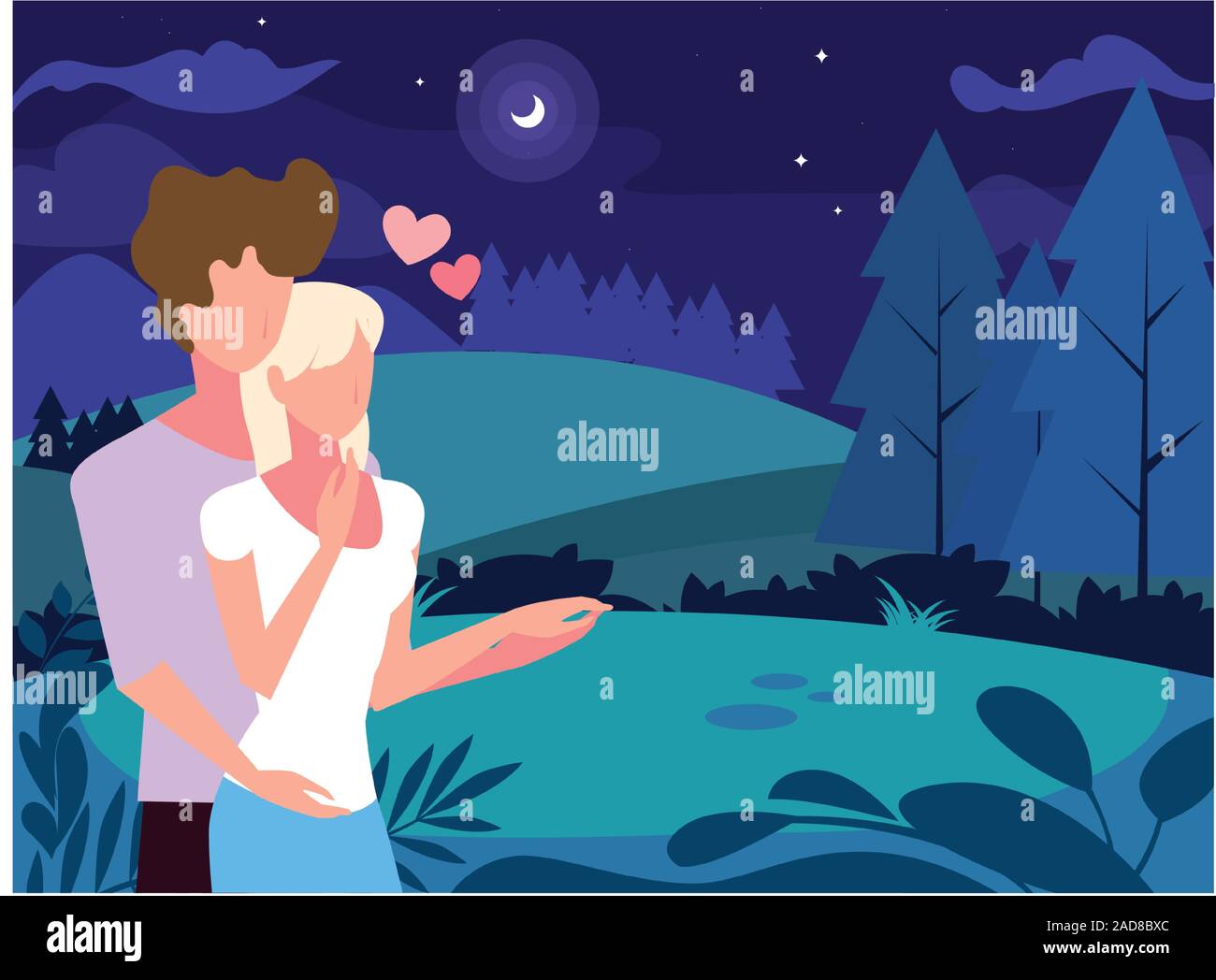 couple of people in love walking in park with night landscape vector ...