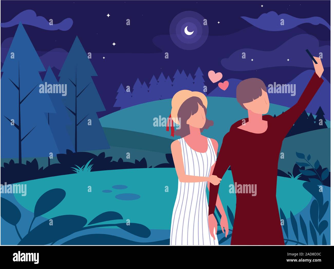couple of people in love walking in park with night landscape vector ...