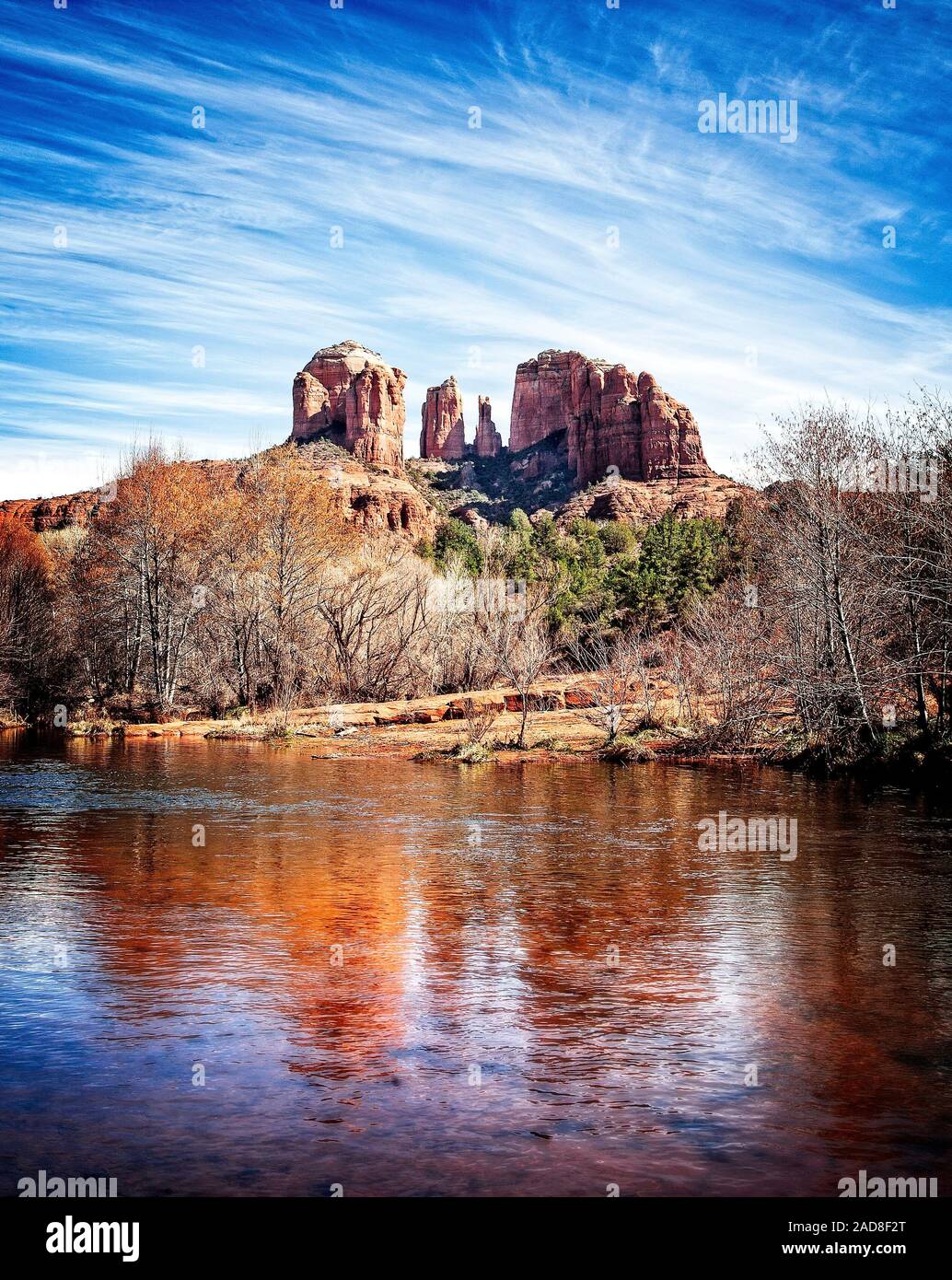 Cathedral Rock reflects in Oak Creek, Sedona, Arizona Stock Photo