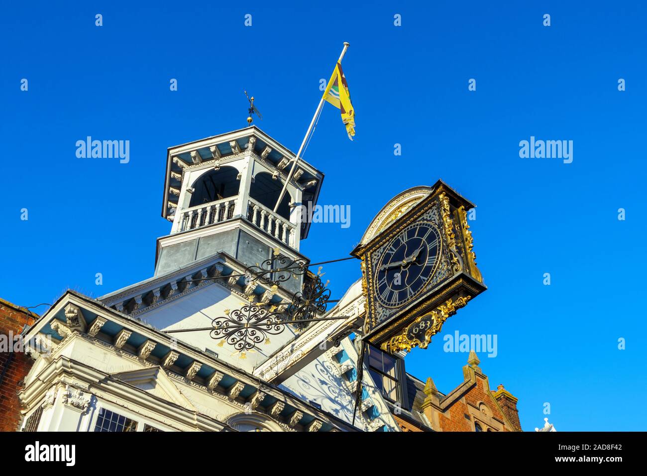 The iconic Guildhall with its distinctive historic medieval clock dated 1683 in High Street, Guildford, county town of Surrey, southeast England, UK Stock Photo