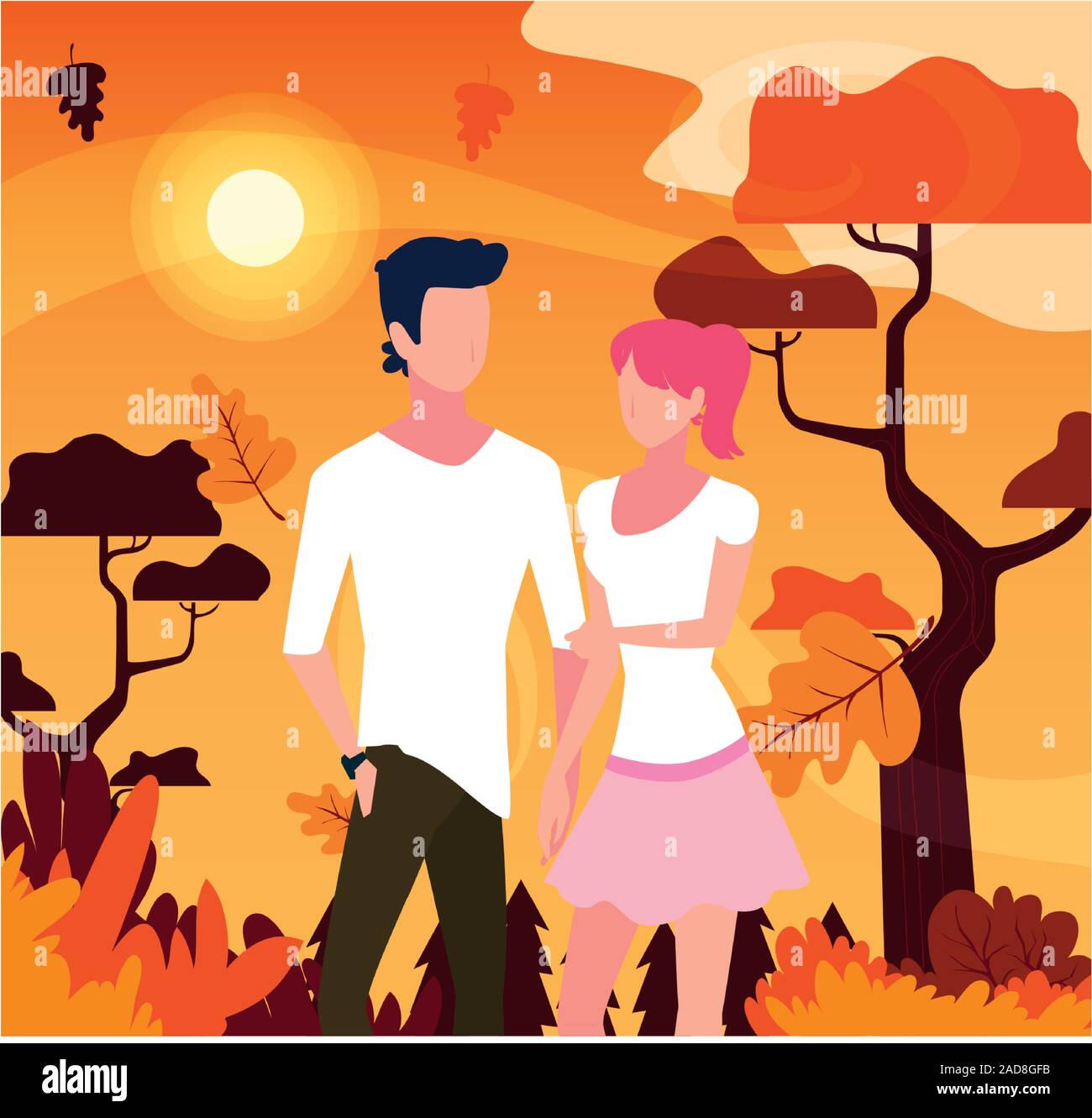 couple of people walking in the park, autumn landscape vector ...