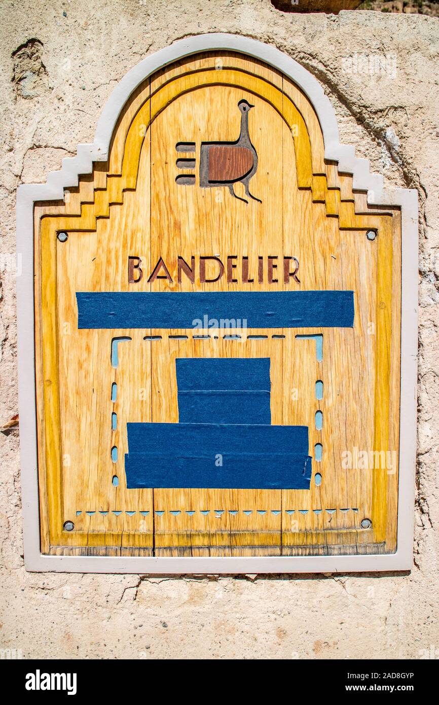 A wooden signboard of Bandelier National Monument Stock Photo