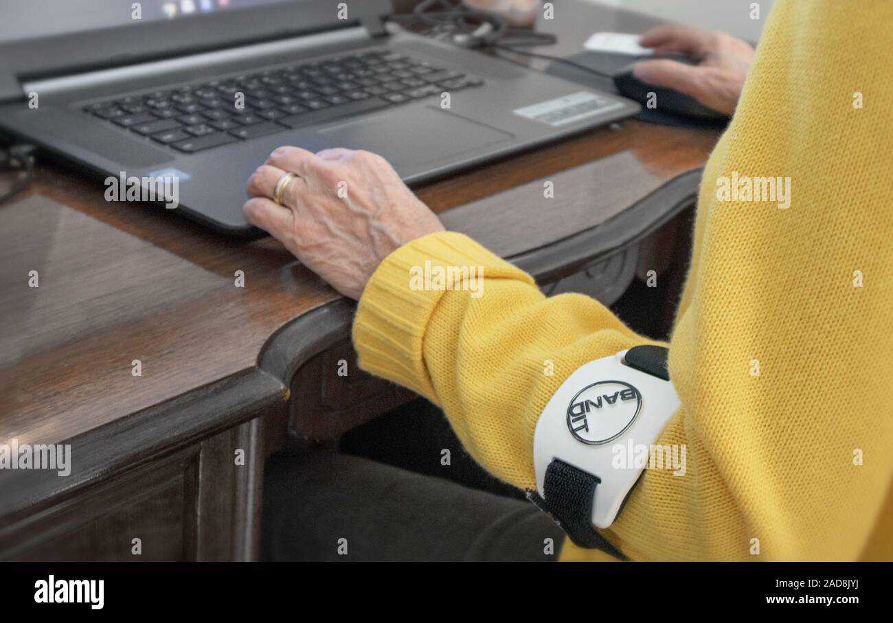 The hands of a mature woman working on a laptop. She wears a forearm band of a well known brand. Stock Photo