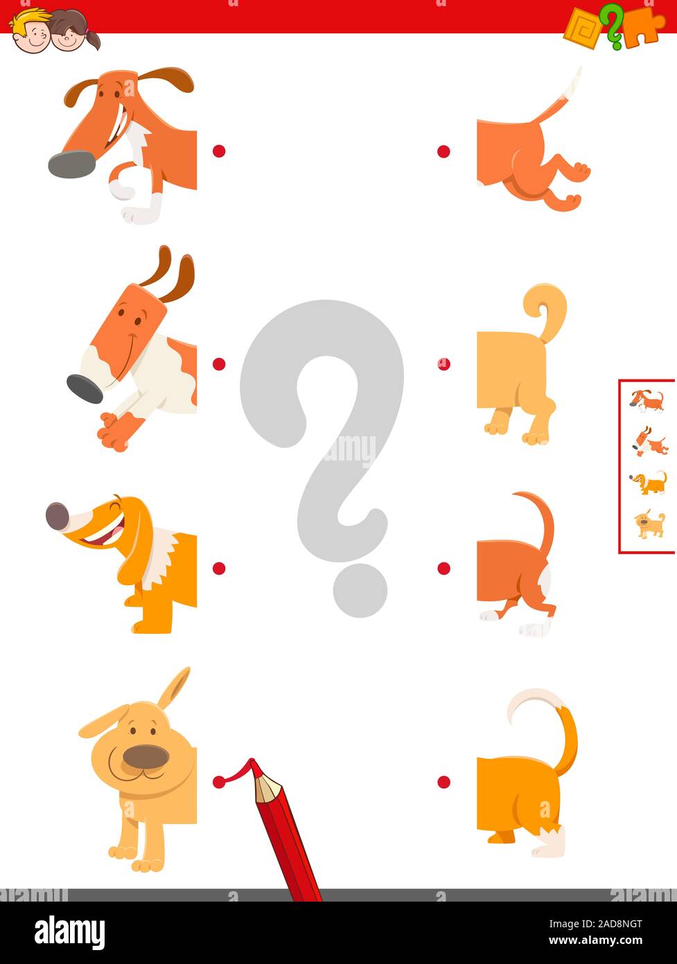 match halves of cute dogs educational game Stock Photo - Alamy