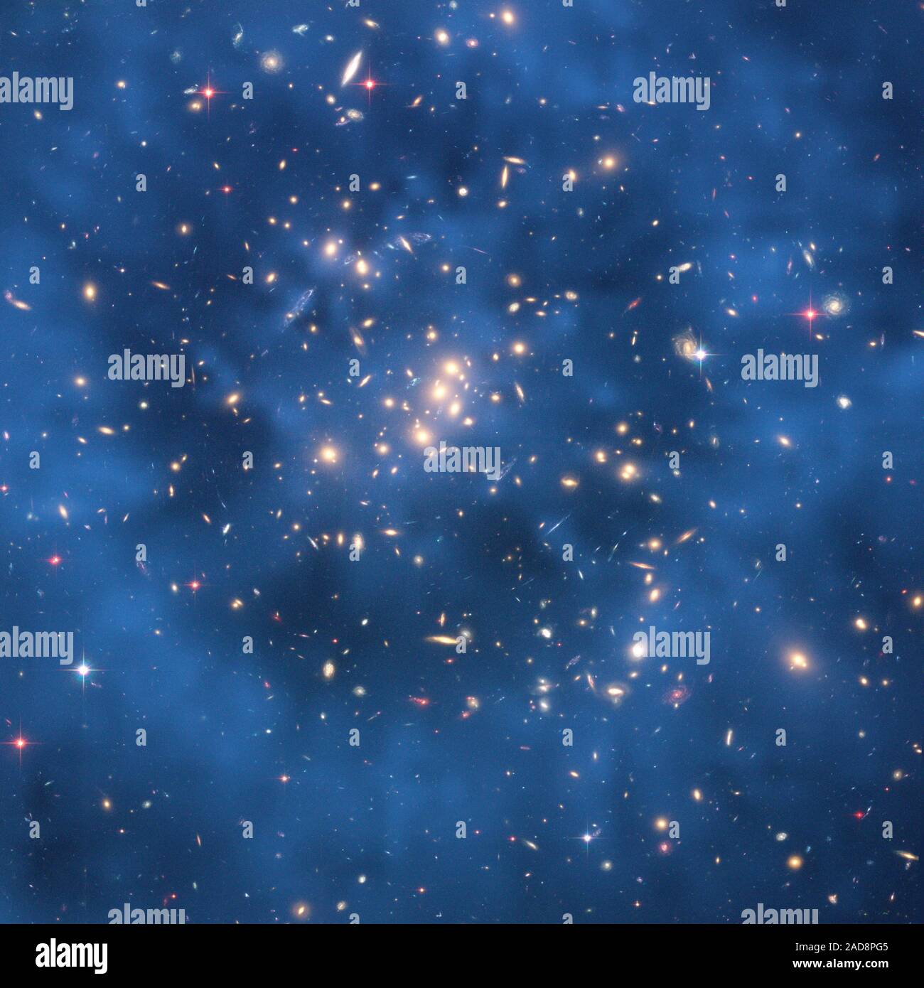 This Hubble Space Telescope composite image shows a ghostly 'ring' of dark matter in the galaxy cluster Cl 0024+17.   The ring-like structure is evident in the blue map of the cluster's dark matter distribution. The map is superimposed on a Hubble image of the cluster. The ring is one of the strongest pieces of evidence to date for the existence of dark matter, an unknown substance that pervades the universe.    The map was derived from Hubble observations of how the gravity of the cluster Cl 0024+17 distorts the light of more distant galaxies, an optical illusion called gravitational lensing. Stock Photo