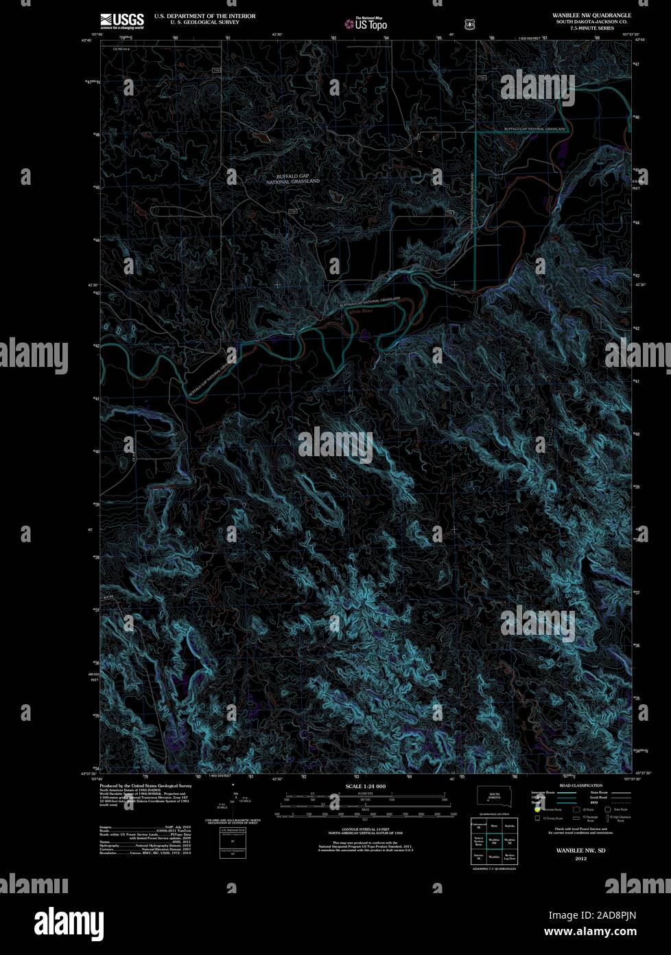USGS TOPO Map South Dakota SD Wanblee NW 20120620 TM Inverted