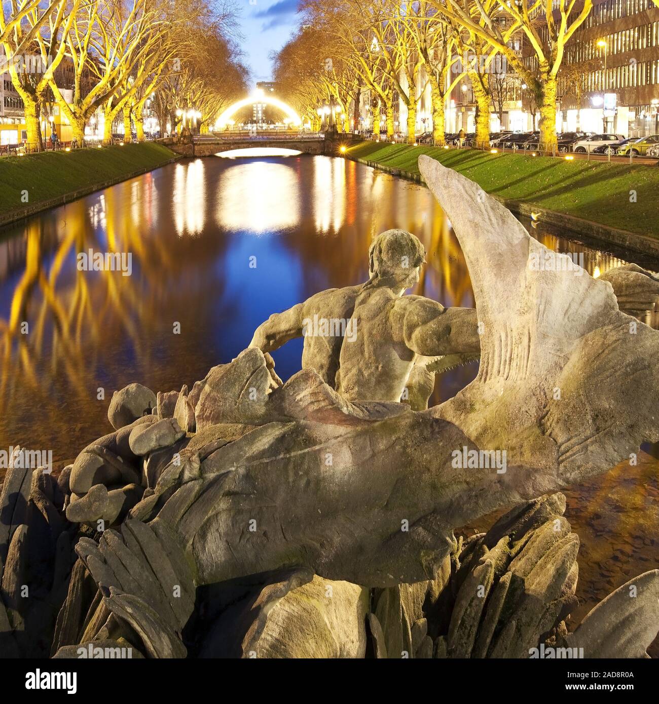 Triton fountain at Koenigsallee in the evening, Duesseldorf, North Rhine-Westphalia, Germany, Europe Stock Photo