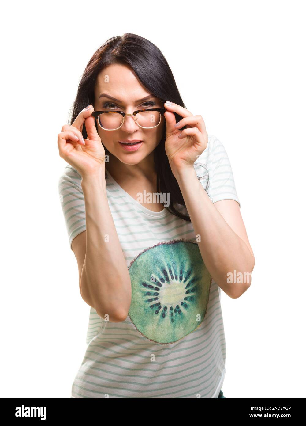 Woman with her glasses lifted up can't see Stock Photo