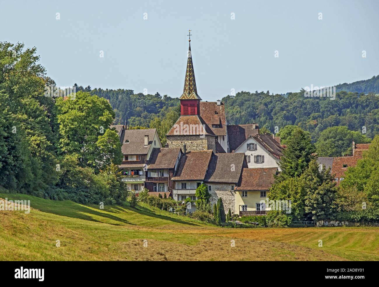 Kaiserstuhl Aargau with Church St. Katharina, High Rhine,Switzerland Stock Photo